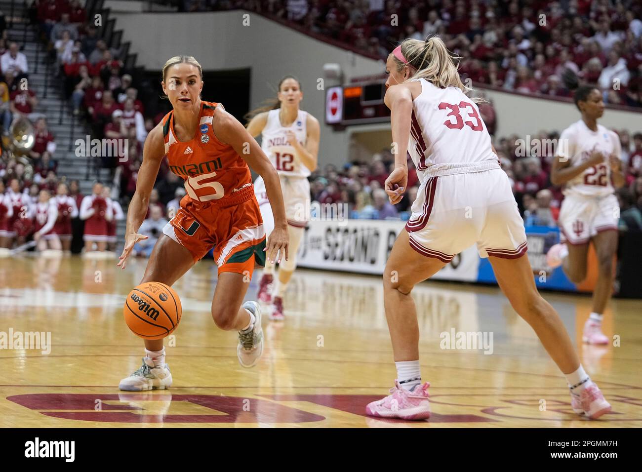 Miami's Hanna Cavinder goes to the basket against Indiana's Sydney Parrish  (33) during the second half of a second-round college basketball game in  the women's NCAA Tournament Monday, March 20, 2023, in