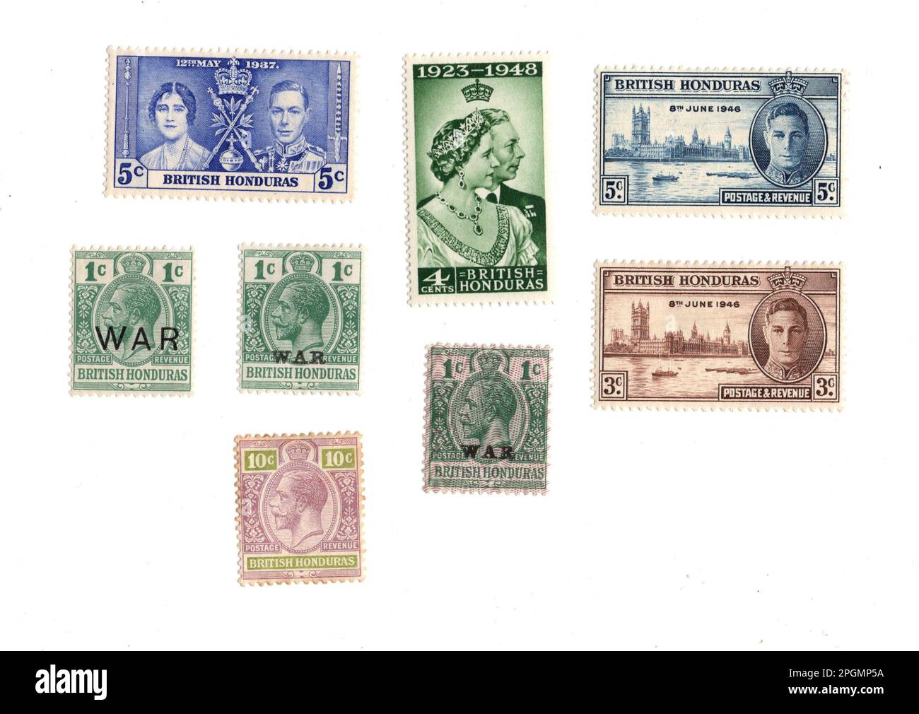Vintage mint postage stamps from British Honduras isolated on a white background. Stock Photo