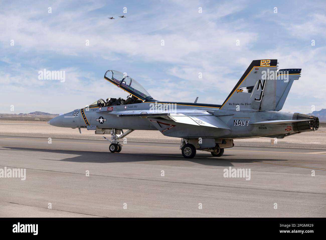 Las Vegas, NV - November 5, 2022: Navy F-18 Super Hornet Fighter Jet Does a Demonstration During the Aviation Nation Airshow at Nellis AFB. Stock Photo