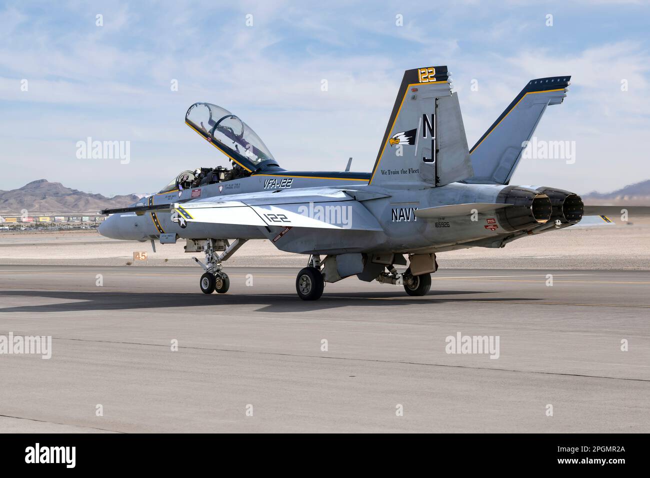 Las Vegas, NV - November 5, 2022: Navy F-18 Super Hornet Fighter Jet Does a Demonstration During the Aviation Nation Airshow at Nellis AFB. Stock Photo
