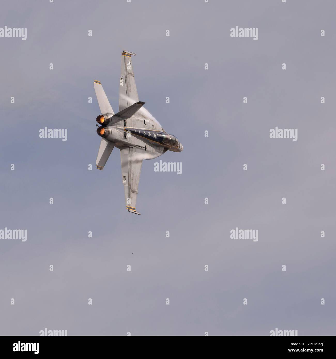 Las Vegas, NV - November 5, 2022: Navy F-18 Super Hornet Fighter Jet Does a Demonstration During the Aviation Nation Airshow at Nellis AFB. Stock Photo