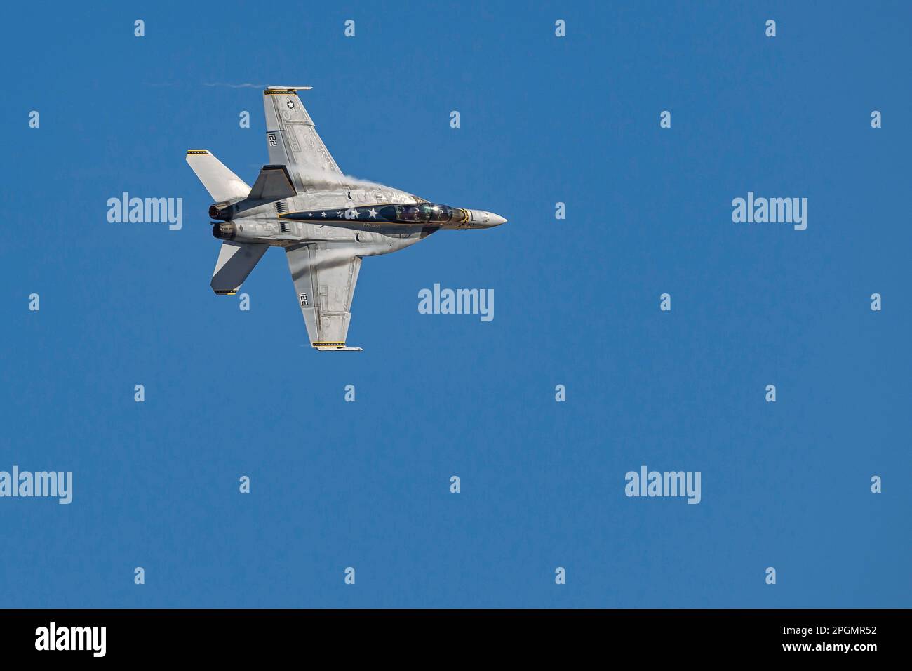 Las Vegas, NV - November 6, 2022: Navy F-18 Super Hornet Fighter Jet Does a Demo during the Aviation Nation airshow at Nellis AFB. Stock Photo