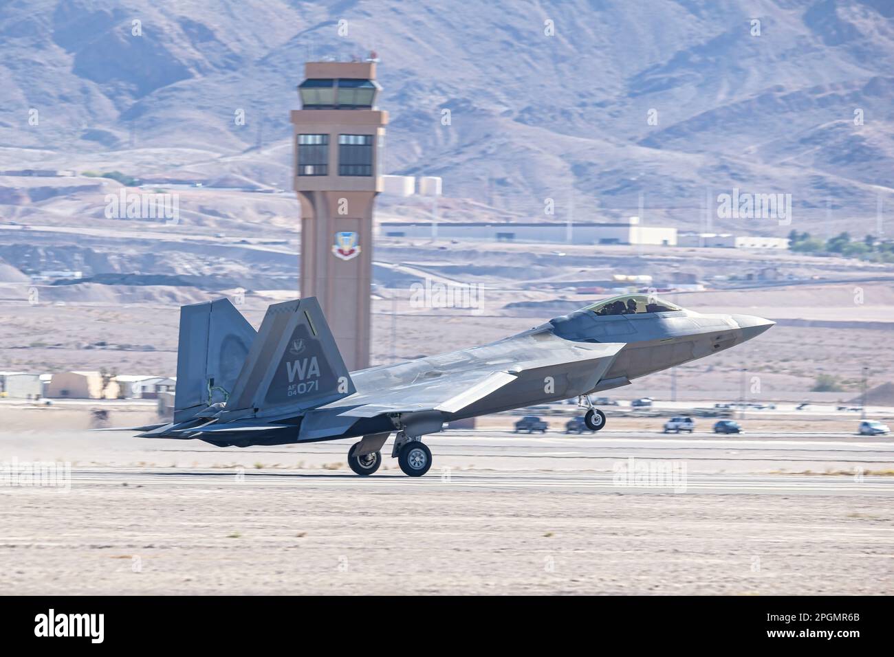 Las Vegas, NV - November 6, 2022: F-22 Fighter Jet Landing During the Aviation Nation Airshow at Nellis AFB. Stock Photo