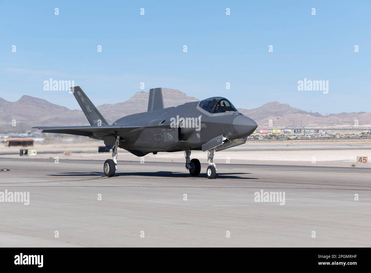 Las Vegas, NV - November 6, 2022: USAF F-35 Lightning II 5th Generation Fighter Jet Taxiing during the Aviation Nation airshow at Nellis AFB. Stock Photo