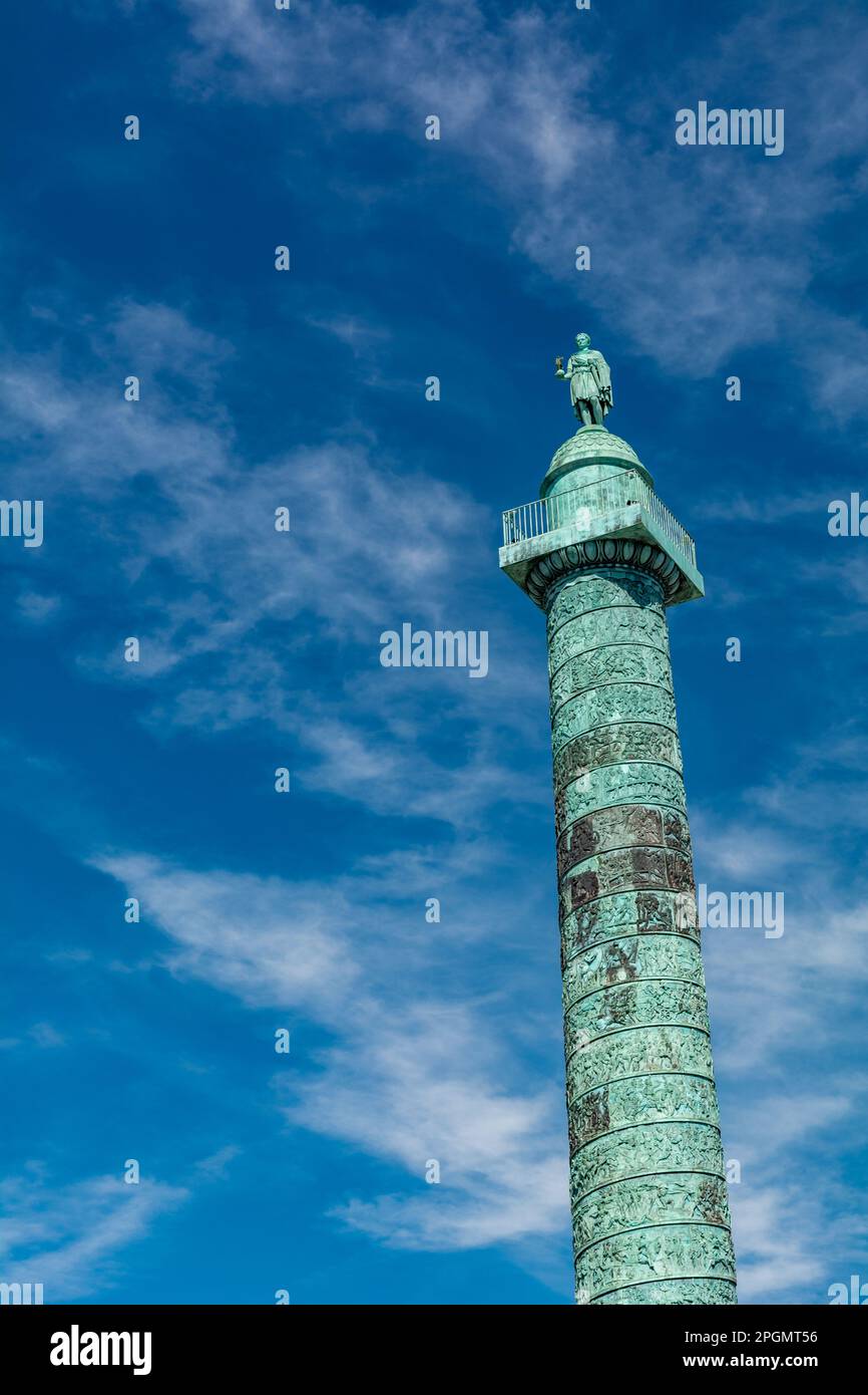 Vendome Column is a 44-meter-tall Corinthian column located in Place Vendome, Paris. It was erected in 1810 to commemorate Napoleon s victory at Auste Stock Photo