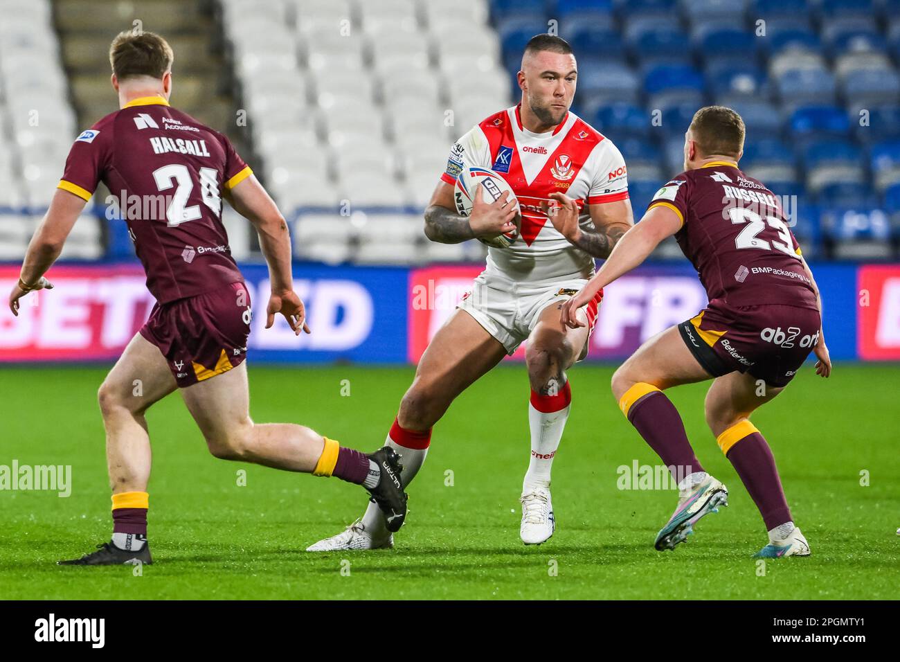 Curtis Sironen #16 of St Helens in actionduring the Betfred Super League Round 6 match Huddersfield Giants vs St Helens at John Smith's Stadium, Huddersfield, United Kingdom, 23rd March 2023  (Photo by Craig Thomas/News Images) Stock Photo
