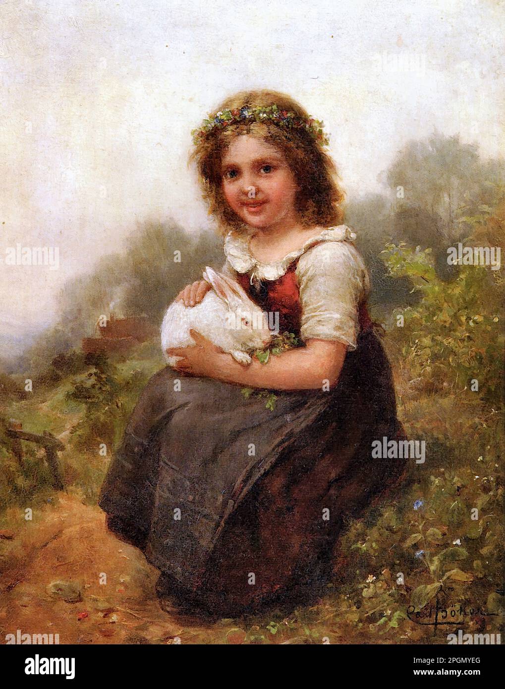 Boker Karl - Portrait of a Young Girl Seated with a Rabbit - German ...