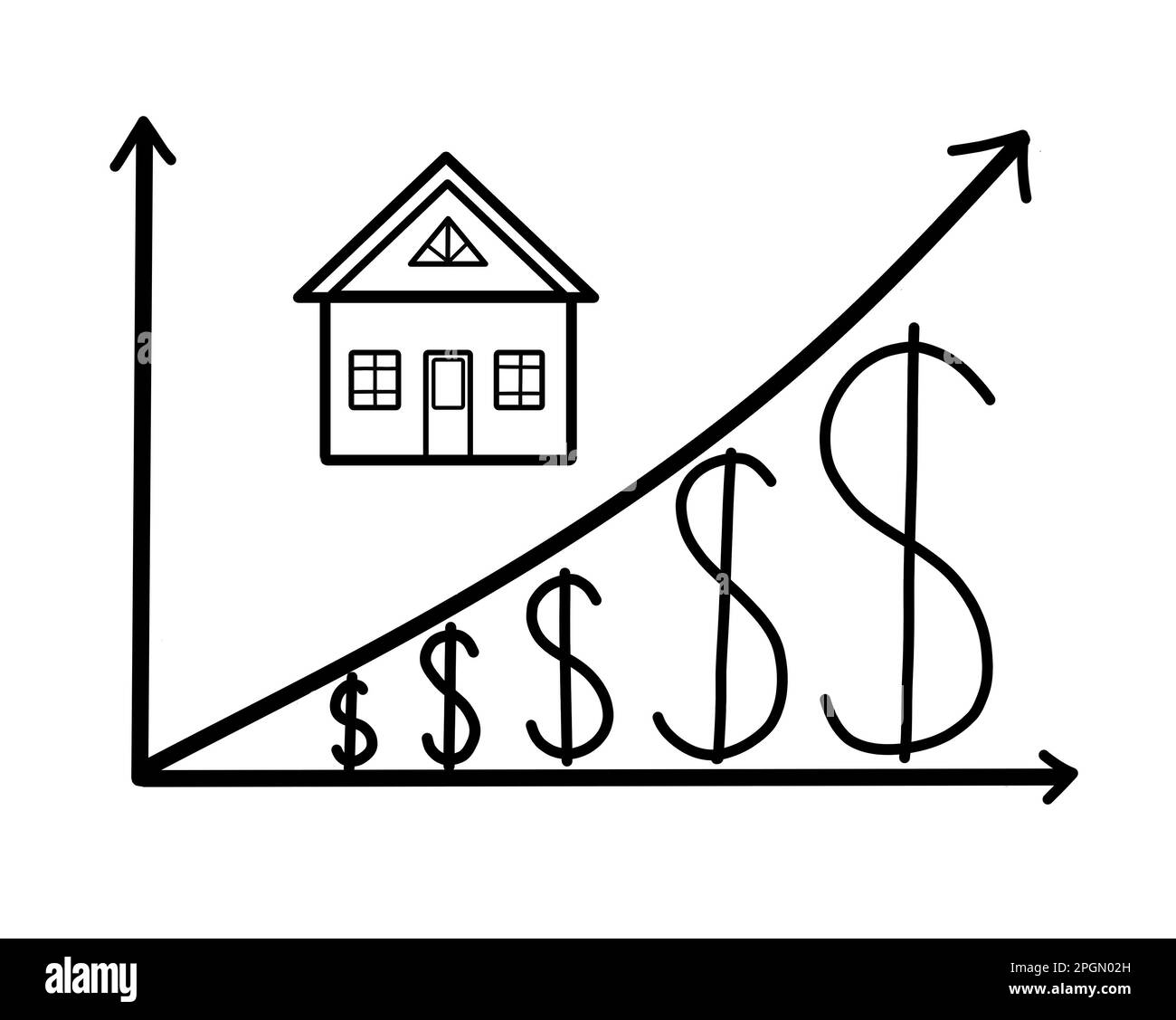 A house property with US dollar market price graph up. Housing business and economy growth concept. Illustration black and white. Stock Photo