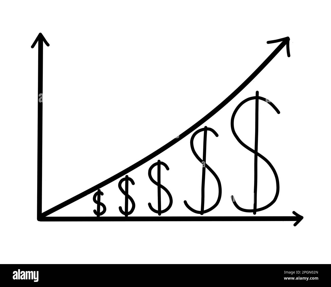 Money finance growth or inflation concept. A chart of US dollar price with an arrow grow up. Black and white illustration. Stock Photo