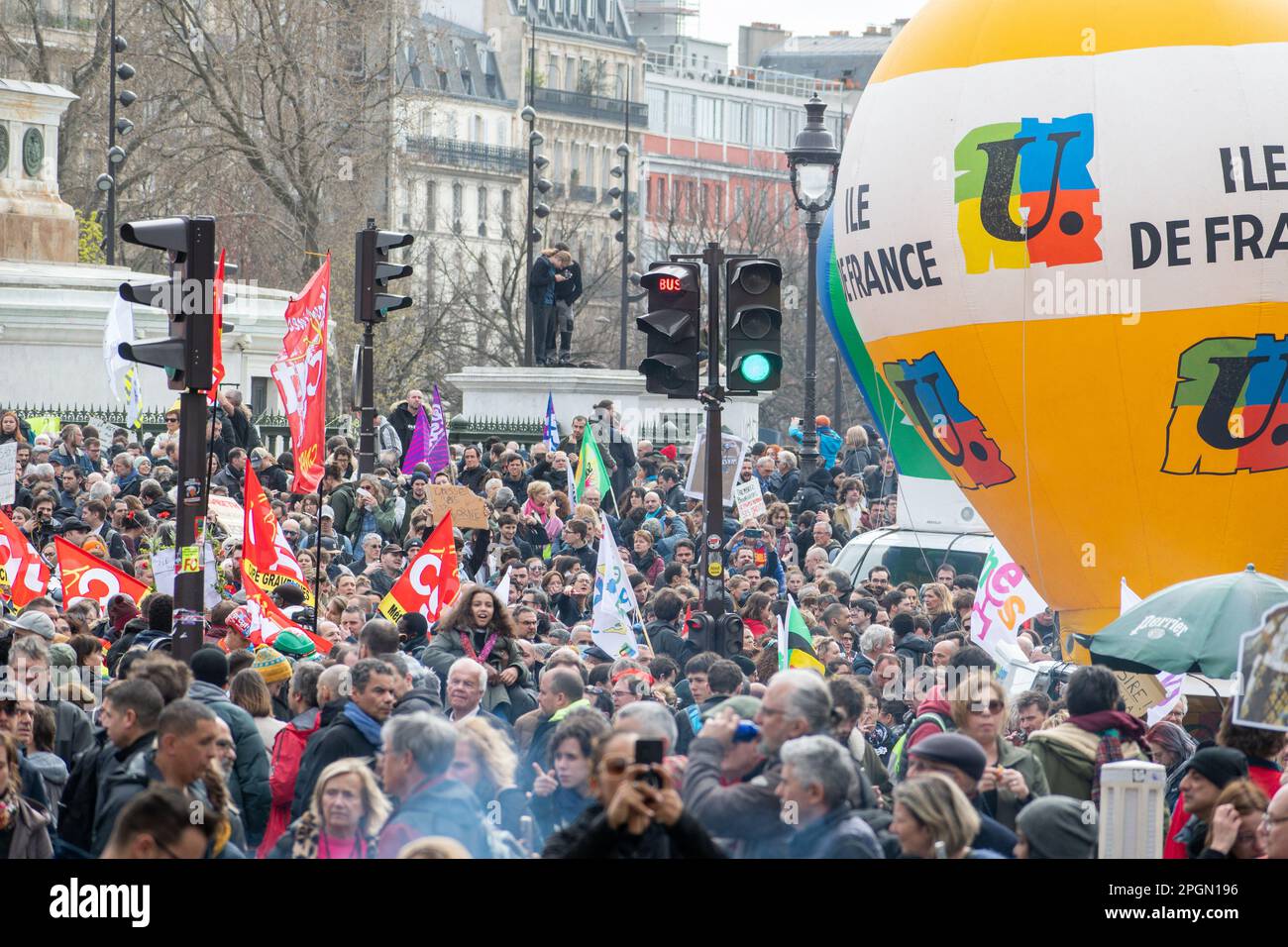 Paris, France, 23th March, 2023. People march against pension reform - Jacques Julien/Alamy Live News Stock Photo