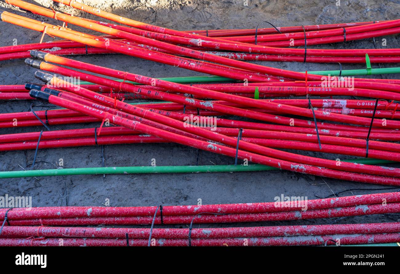 Power lines, underground cable strings transporting energy from wind
