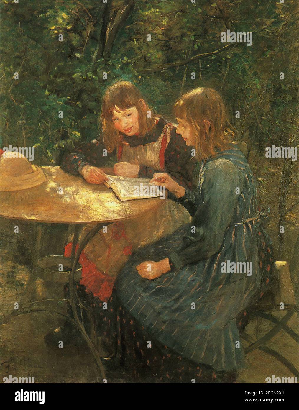 Uhde Fritz Von - Two girls in the garden - German School - 19th Century - Uhde Fritz Von - Zwei MÃ¤dchen IM Garten - German School - 19th  Century Stock Photo