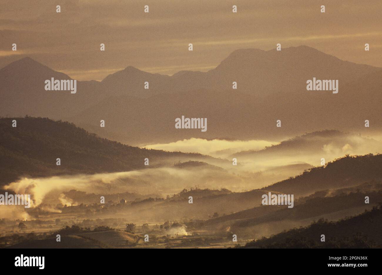 Misty morning at winter in countryside valley. Pomerode, Santa Catarina State, south Brazil. Stock Photo