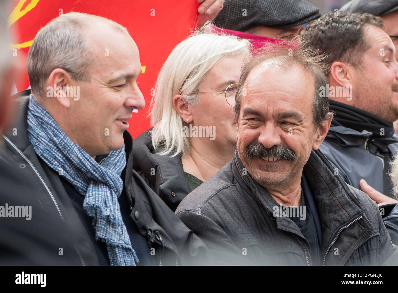 Paris, France, 23th March, 2023. Philippe Martinez laughing with Laurent Berger during pension reform march - Jacques Julien/Alamy Live News Stock Photo