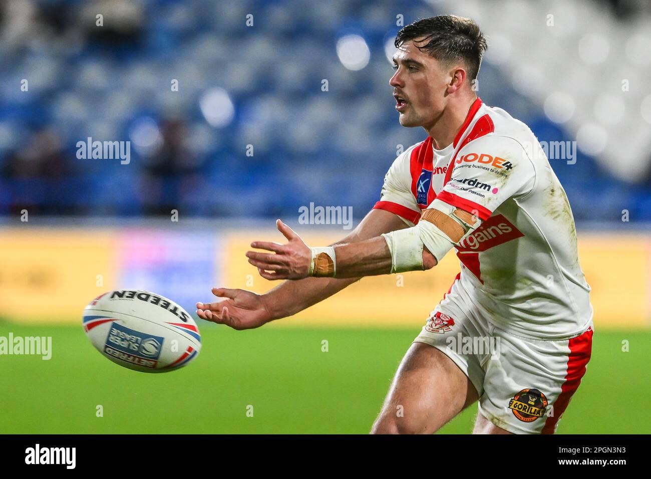 Lewis Dodd #7 of St Helens in action during the Betfred Super League Round 6 match Huddersfield Giants vs St Helens at John Smith's Stadium, Huddersfield, United Kingdom, 23rd March 2023  (Photo by Craig Thomas/News Images) Stock Photo