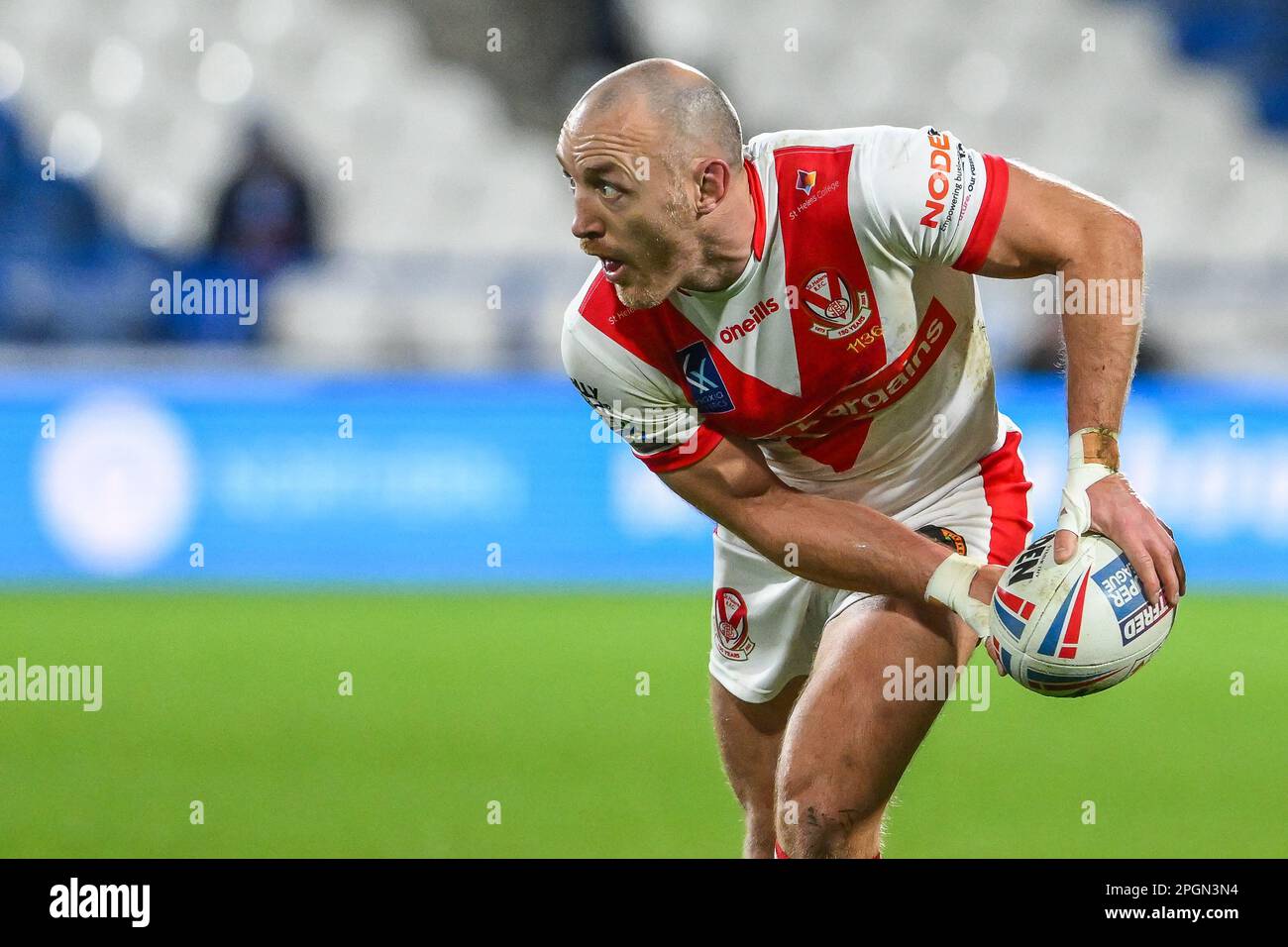 James Roby #9 of St Helens in action during the Betfred Super League Round 6 match Huddersfield Giants vs St Helens at John Smith's Stadium, Huddersfield, United Kingdom, 23rd March 2023  (Photo by Craig Thomas/News Images) Stock Photo