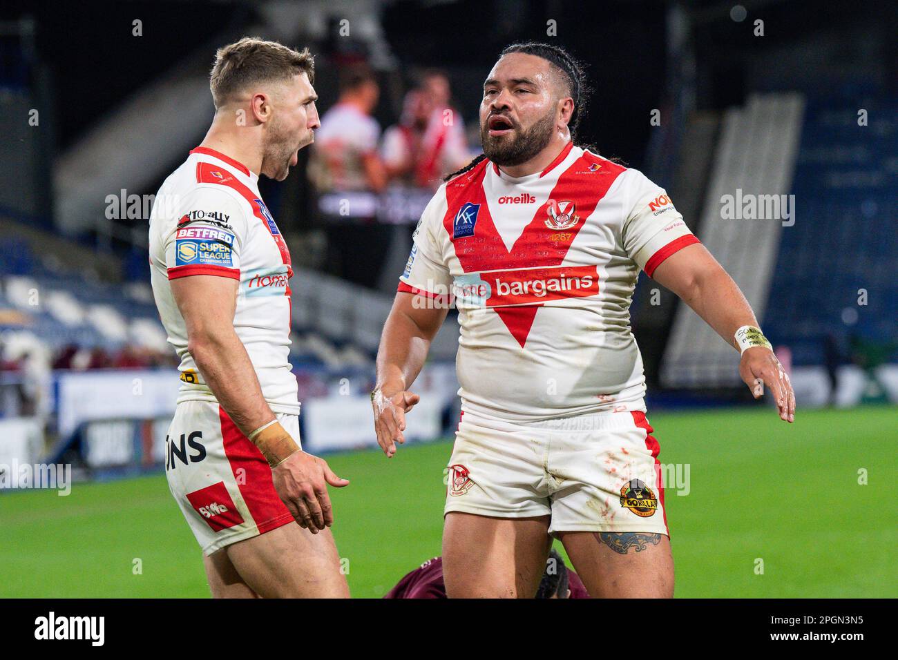 Konrad Hurrell #23 of St Helens celebrates his try during the Betfred Super League Round 6 match Huddersfield Giants vs St Helens at John Smith's Stadium, Huddersfield, United Kingdom, 23rd March 2023  (Photo by Craig Thomas/News Images) Stock Photo