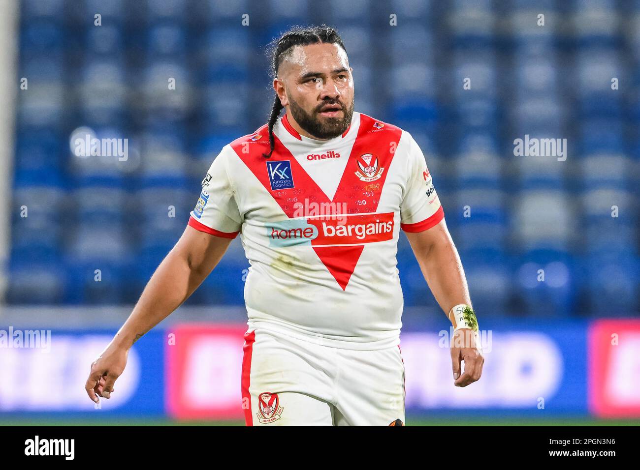 Konrad Hurrell #23 of St Helens during the Betfred Super League Round 6 match Huddersfield Giants vs St Helens at John Smith's Stadium, Huddersfield, United Kingdom, 23rd March 2023  (Photo by Craig Thomas/News Images) Stock Photo