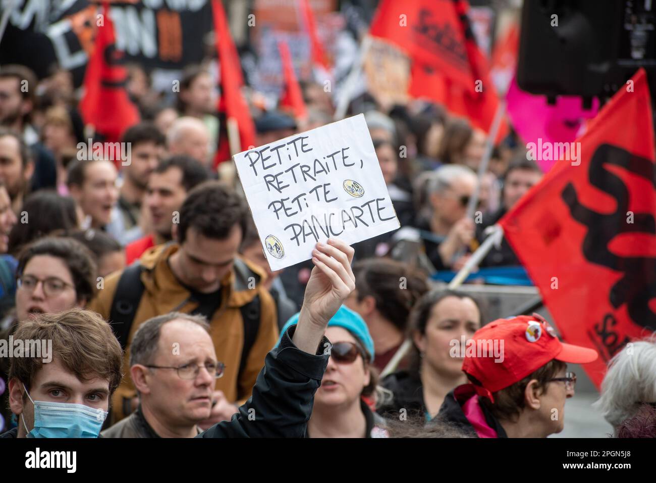 Paris, France, 23th March, 2023. Union syndicale Solidaires SUD protest with flags against pension reform - Jacques Julien/Alamy Live News Stock Photo