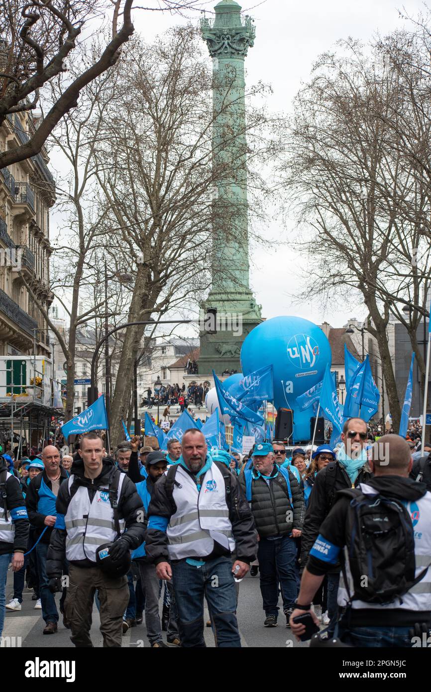 Paris, France, 23th March, 2023. UNSA protest with flags against pension reform - Jacques Julien/Alamy Live News Stock Photo
