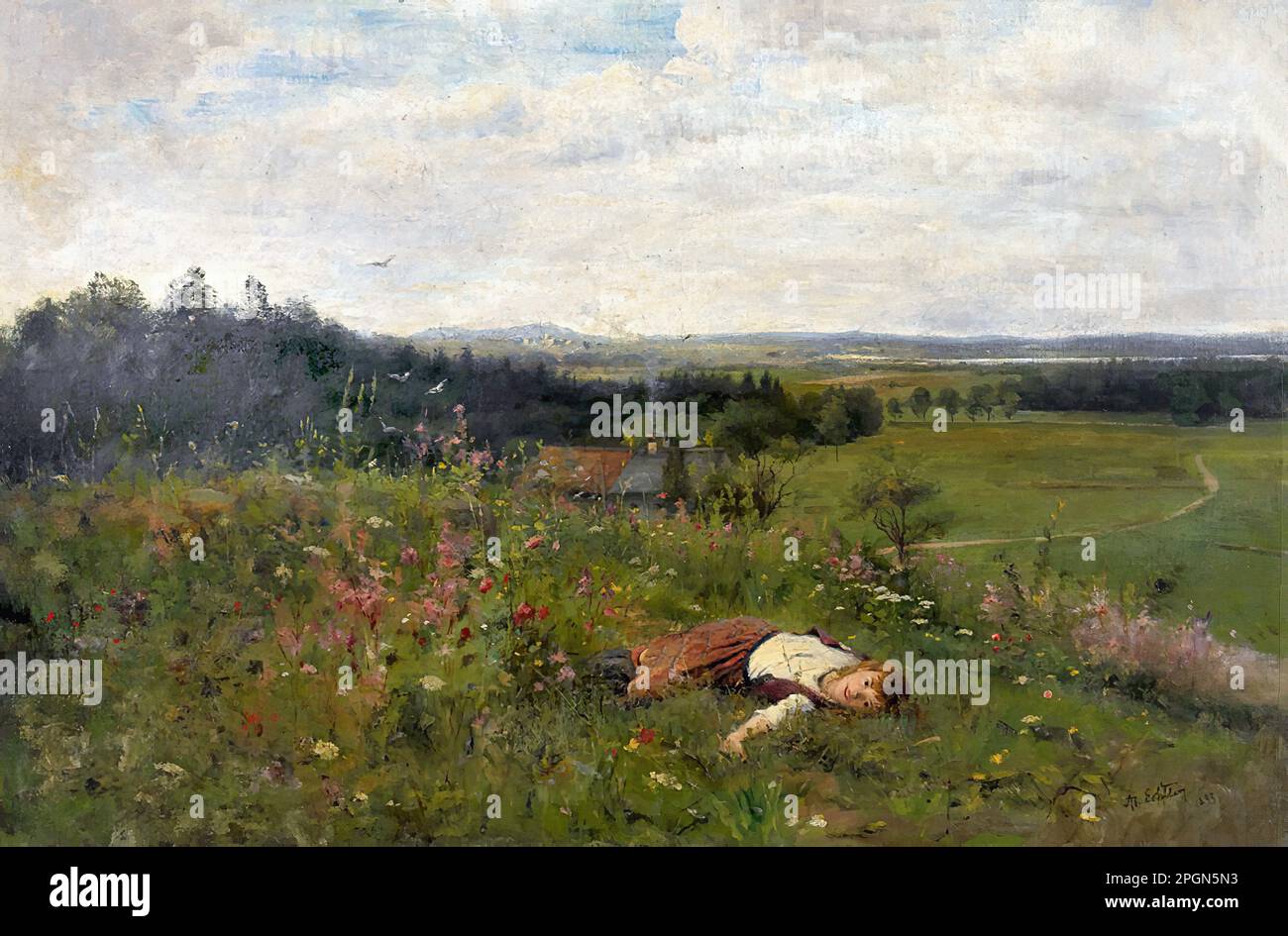 Echtler Adolf - Young Girl On A Meadow - German School - 19th And Early 20th Century - Echtler Adolf - Junges MÃ¤dchen Auf Einer Wiese - German School - 19th and Early 20th Century Stock Photo