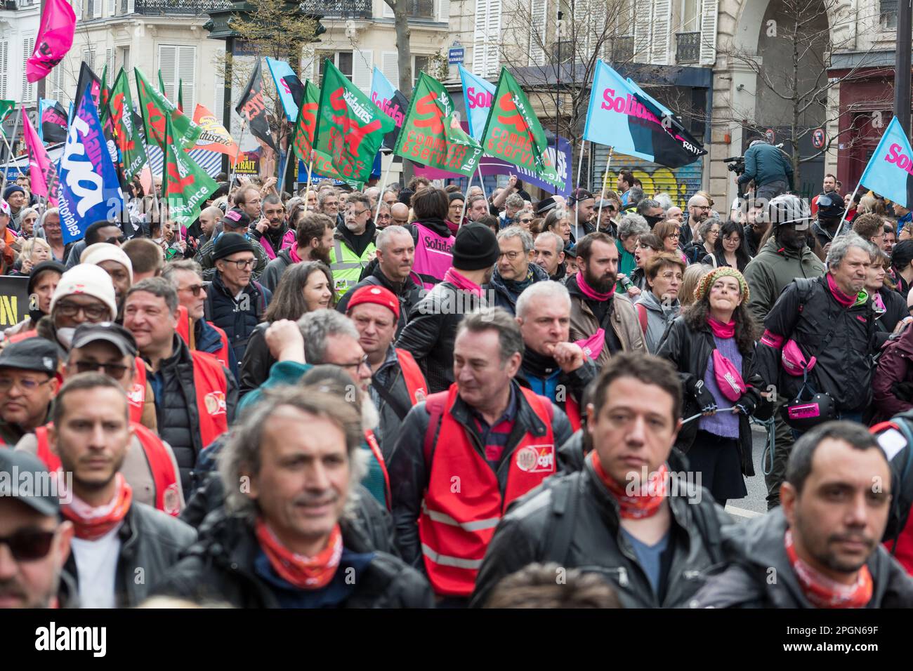 Paris, France, 23th March, 2023. Union syndicale Solidaires and CGT with flags against pension reform - Jacques Julien/Alamy Live News Stock Photo