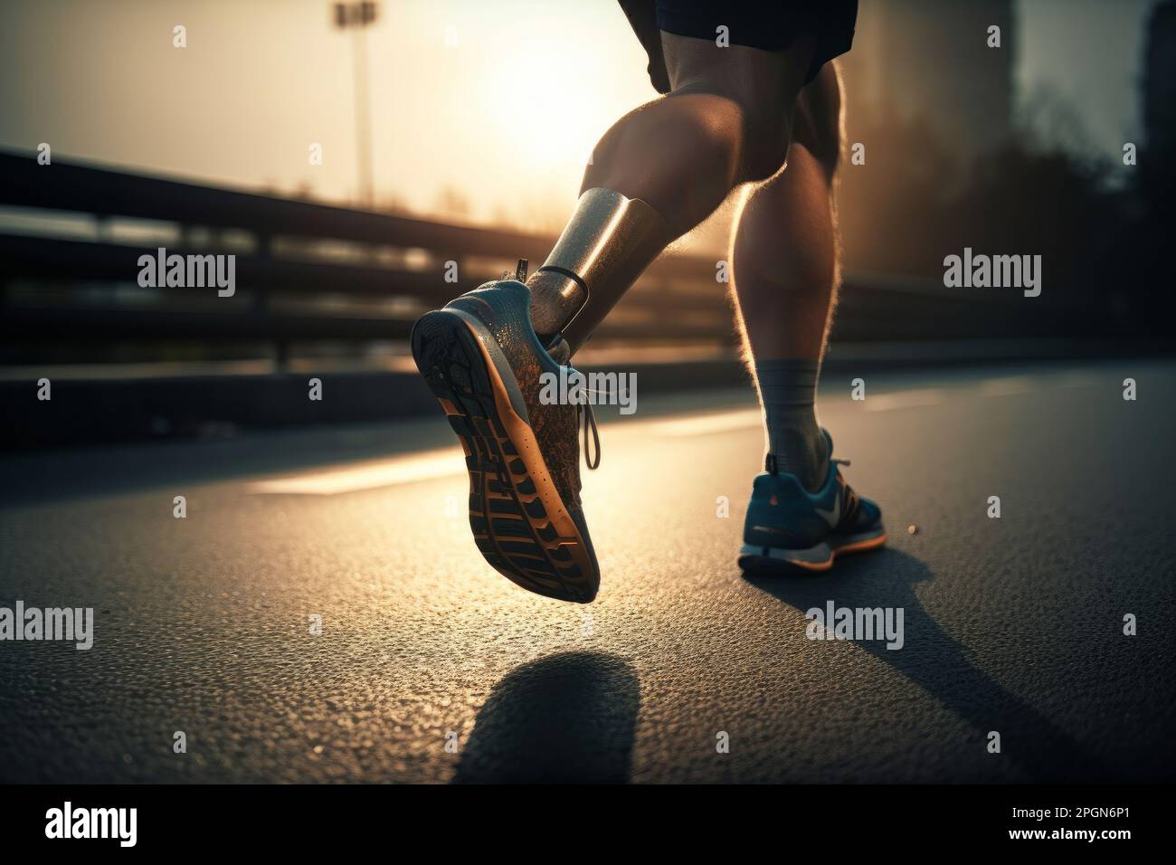 Close up of a disabled person with a prosthetic leg exercising on a sports track. Generative ai Stock Photo