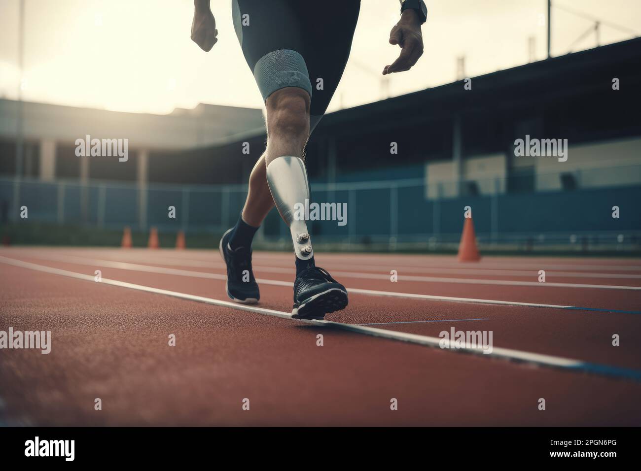 Close up of a disabled person with a prosthetic leg exercising on a sports track. Generative ai Stock Photo