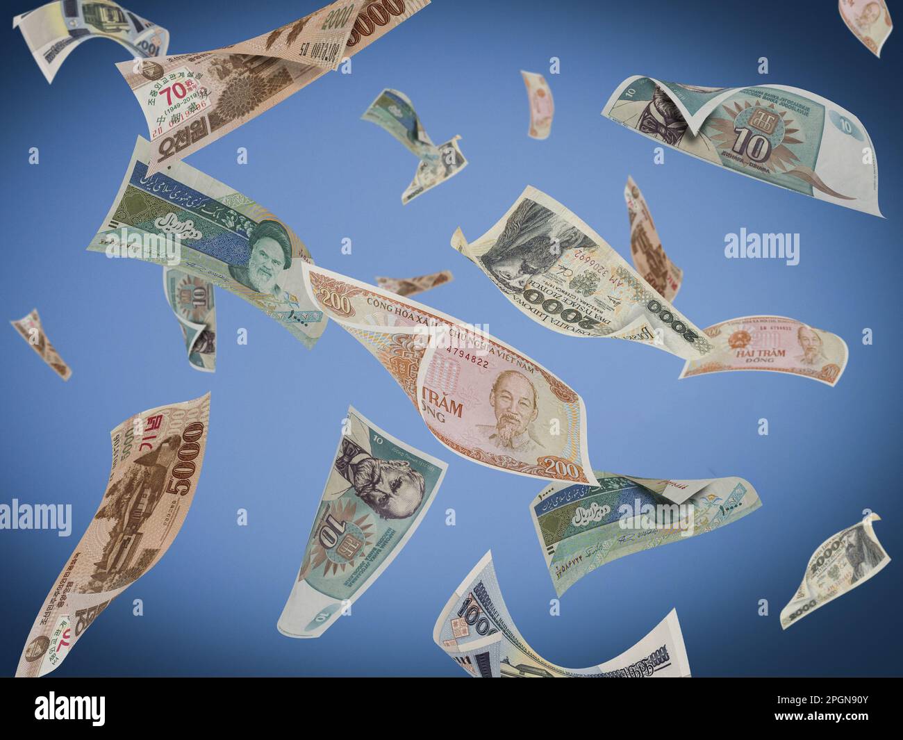 A pile of different international currency bills are seen floating in