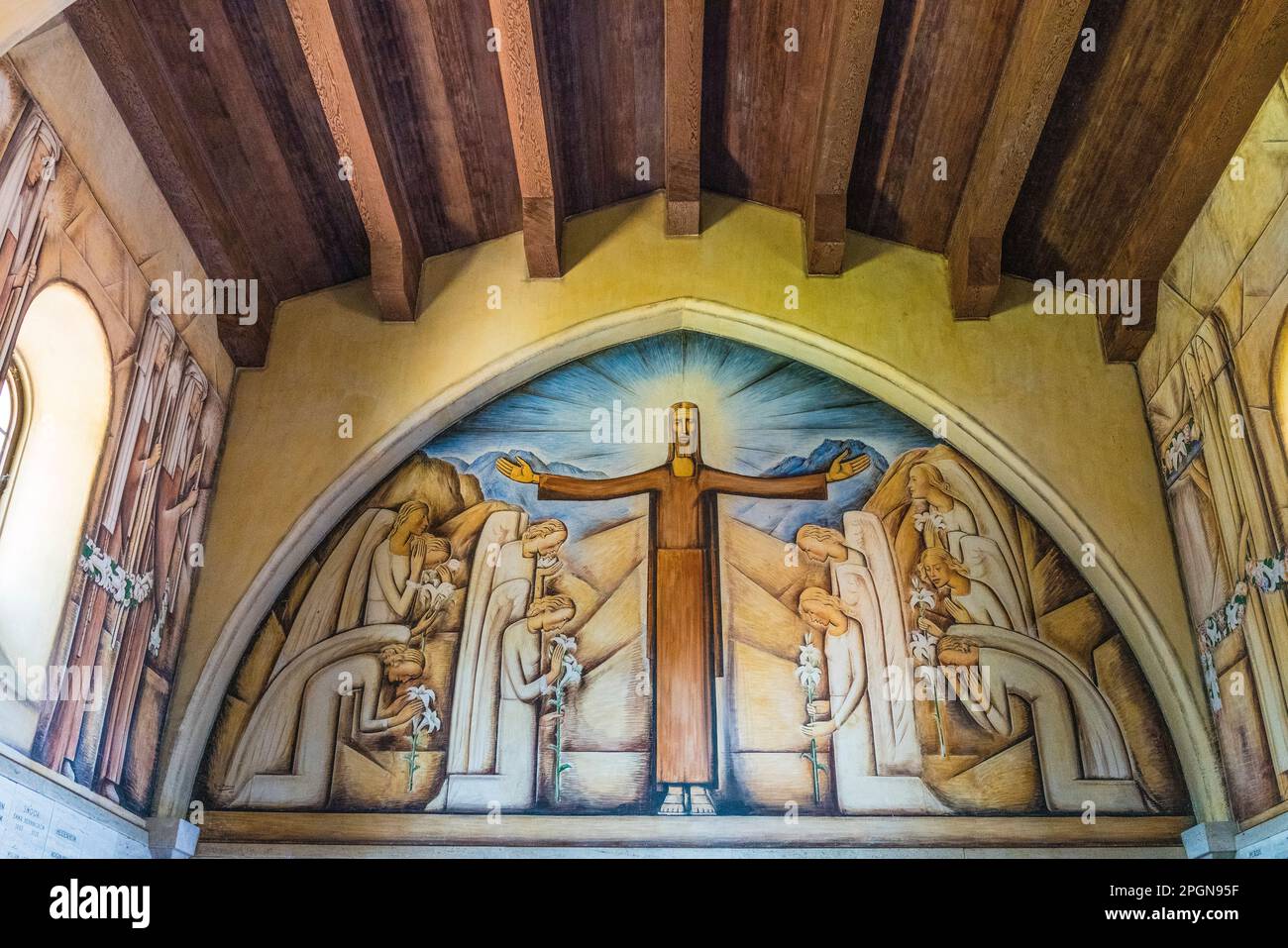 Santa Barbara Cemetery Chapel an arched mural of Christ and nine angels