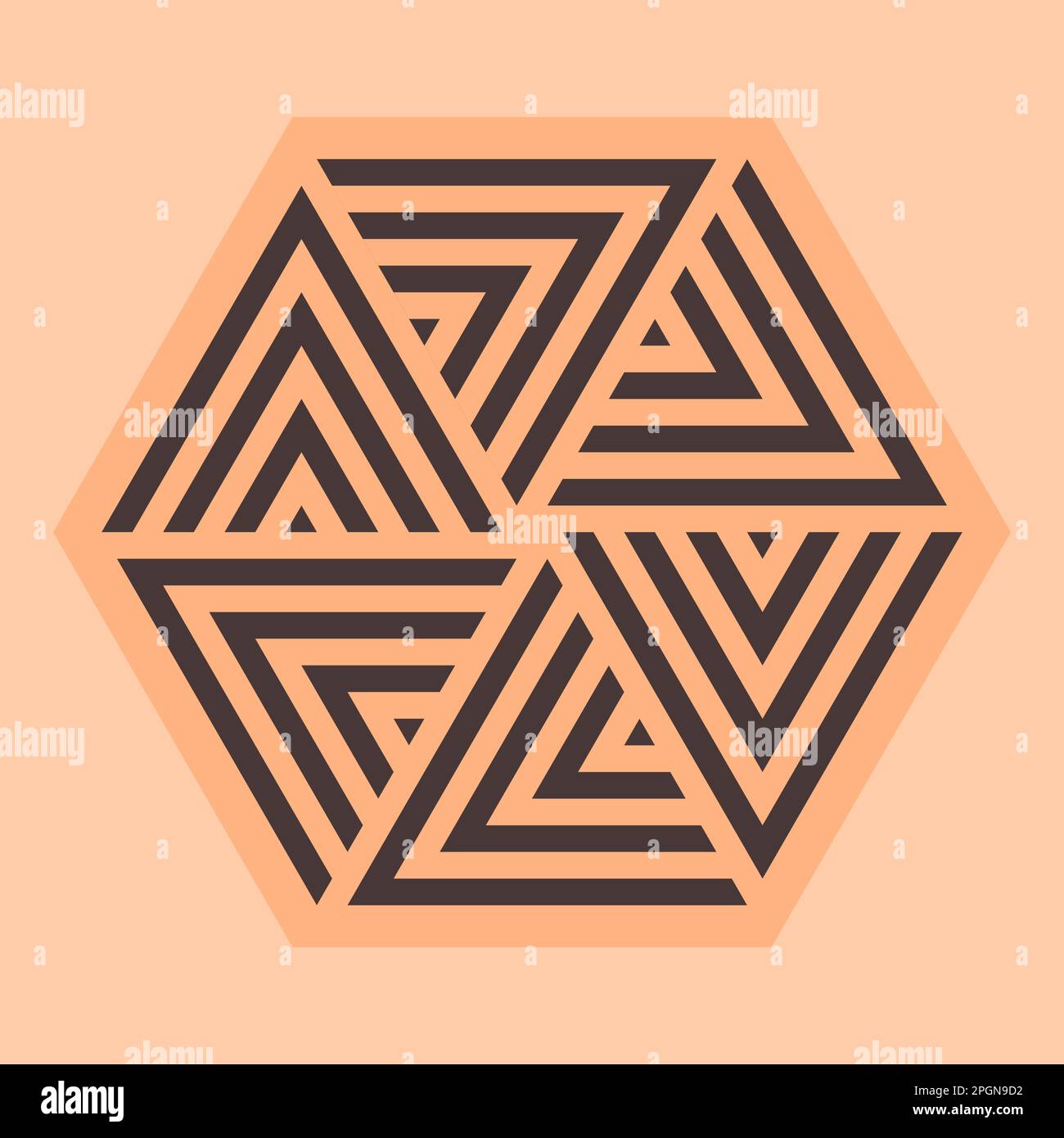 Brown and beige vector graphic of a possible company logo. It is a hexagon made up of six equilateral triangles, each with a chevron design Stock Vector