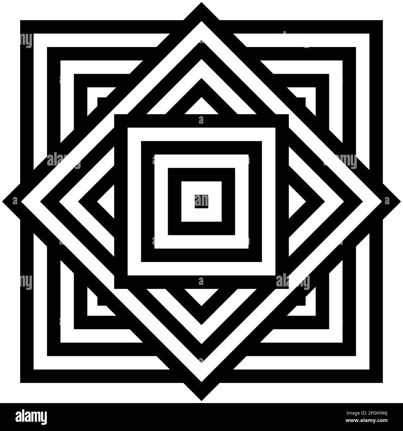 Monochrome vector graphic of squares gradually increasing in size, intersected at forty five degrees with more squares Stock Vector