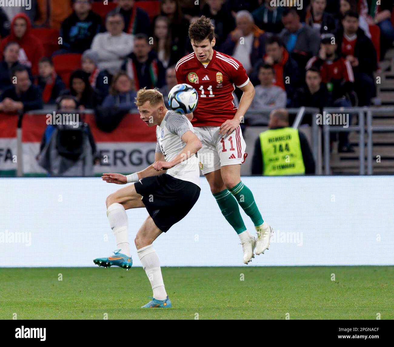 BUDAPEST, HUNGARY - MARCH 6: Claudiu Bumba of Kisvarda Master Good  challenges Henry Wingo of Ferencvarosi TC during the Hungarian OTP Bank  Liga match between Ferencvarosi TC and Kisvarda Master Good at