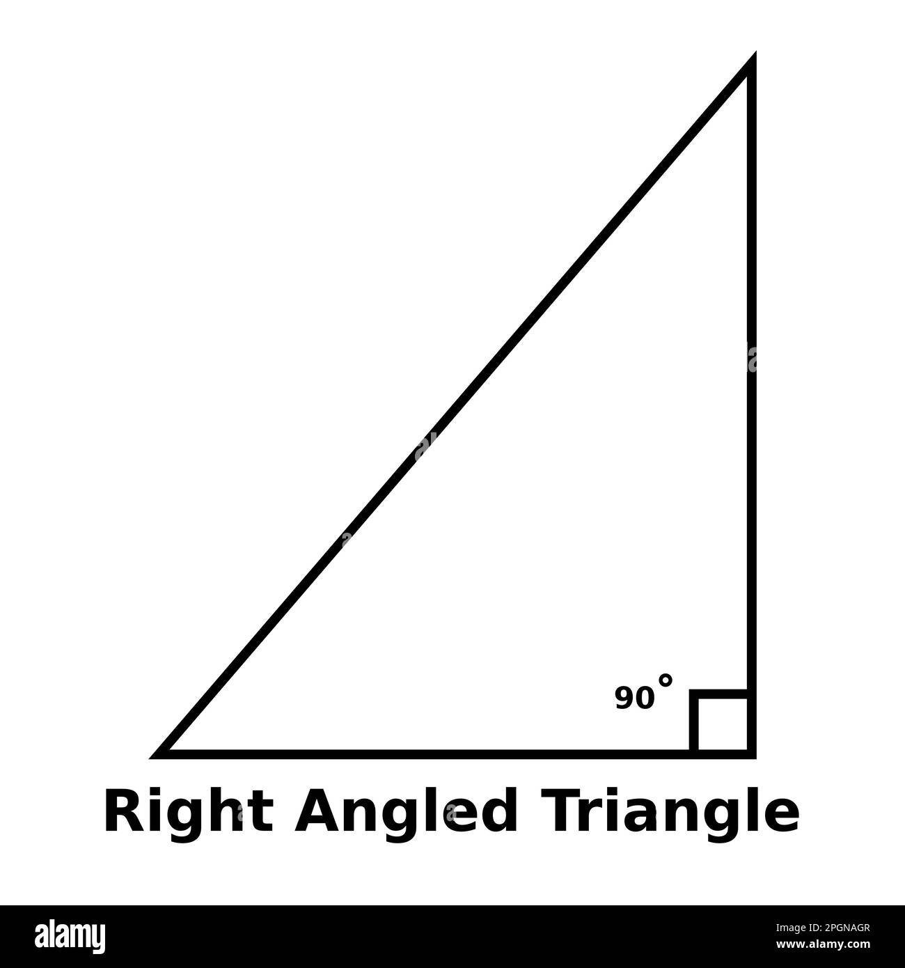 Simple monochrome vector graphic of a right angled triangle. This is a shape with three sides and one angle is a right angle or 90 degrees Stock Vector