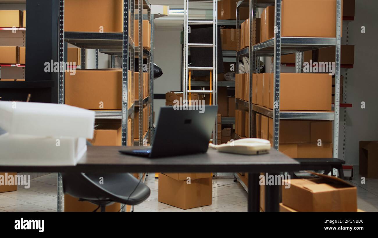 Small business warehouse in storage room filled with carton packs