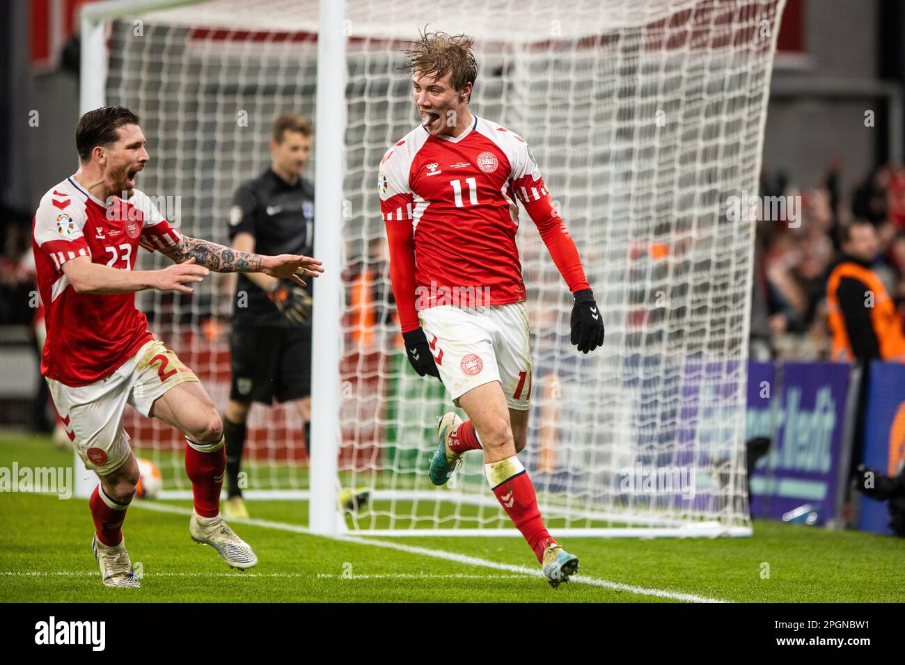 Copenhagen, Denmark. 23rd Mar, 2023. Rasmus Hojlund (11) of Denmark