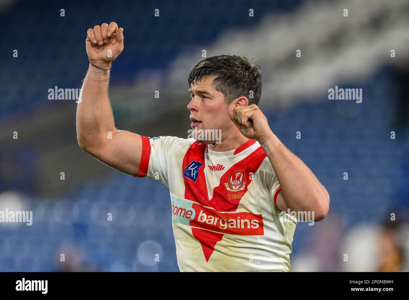 Louie McCarthy-Scarsbrook #15 of St Helens dances with the fans at the end of the Betfred Super League Round 6 match Huddersfield Giants vs St Helens at John Smith's Stadium, Huddersfield, United Kingdom, 23rd March 2023  (Photo by Craig Thomas/News Images) Stock Photo