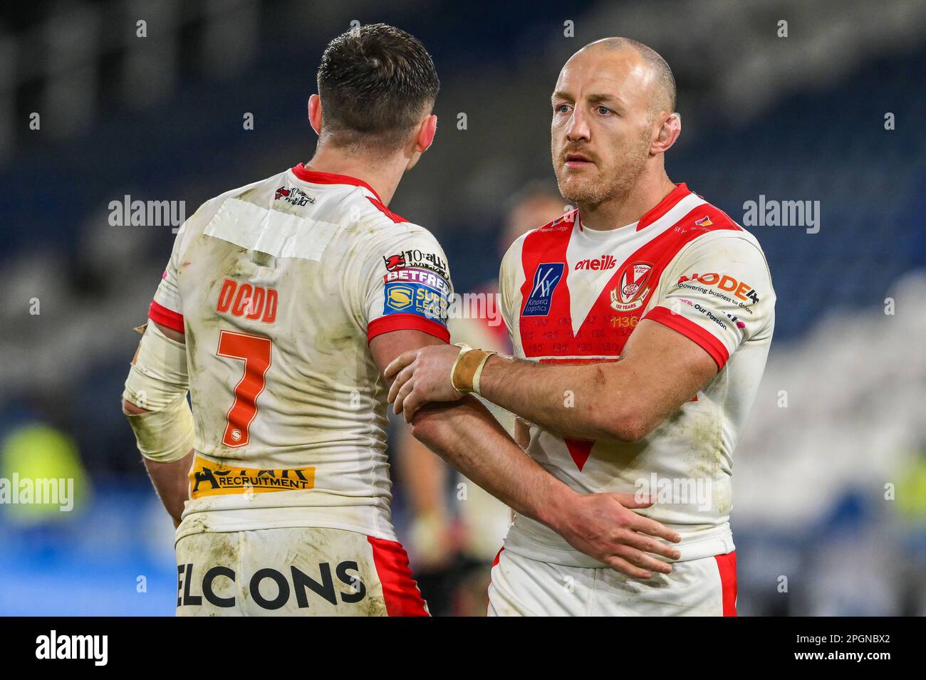 James Roby #9 and Lewis Dodd #7 of St Helens congratulate each other at the end of the Betfred Super League Round 6 match Huddersfield Giants vs St Helens at John Smith's Stadium, Huddersfield, United Kingdom, 23rd March 2023  (Photo by Craig Thomas/News Images) Stock Photo
