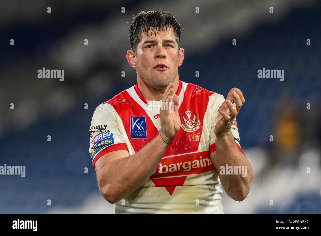 Louie McCarthy-Scarsbrook #15 of St Helens applauds the fans at the end of the Betfred Super League Round 6 match Huddersfield Giants vs St Helens at John Smith's Stadium, Huddersfield, United Kingdom, 23rd March 2023  (Photo by Craig Thomas/News Images) Stock Photo