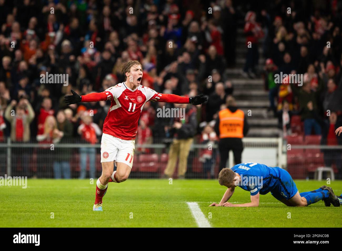 Copenhagen, Denmark. 23rd Mar, 2023. Rasmus Hojlund (11) of Denmark