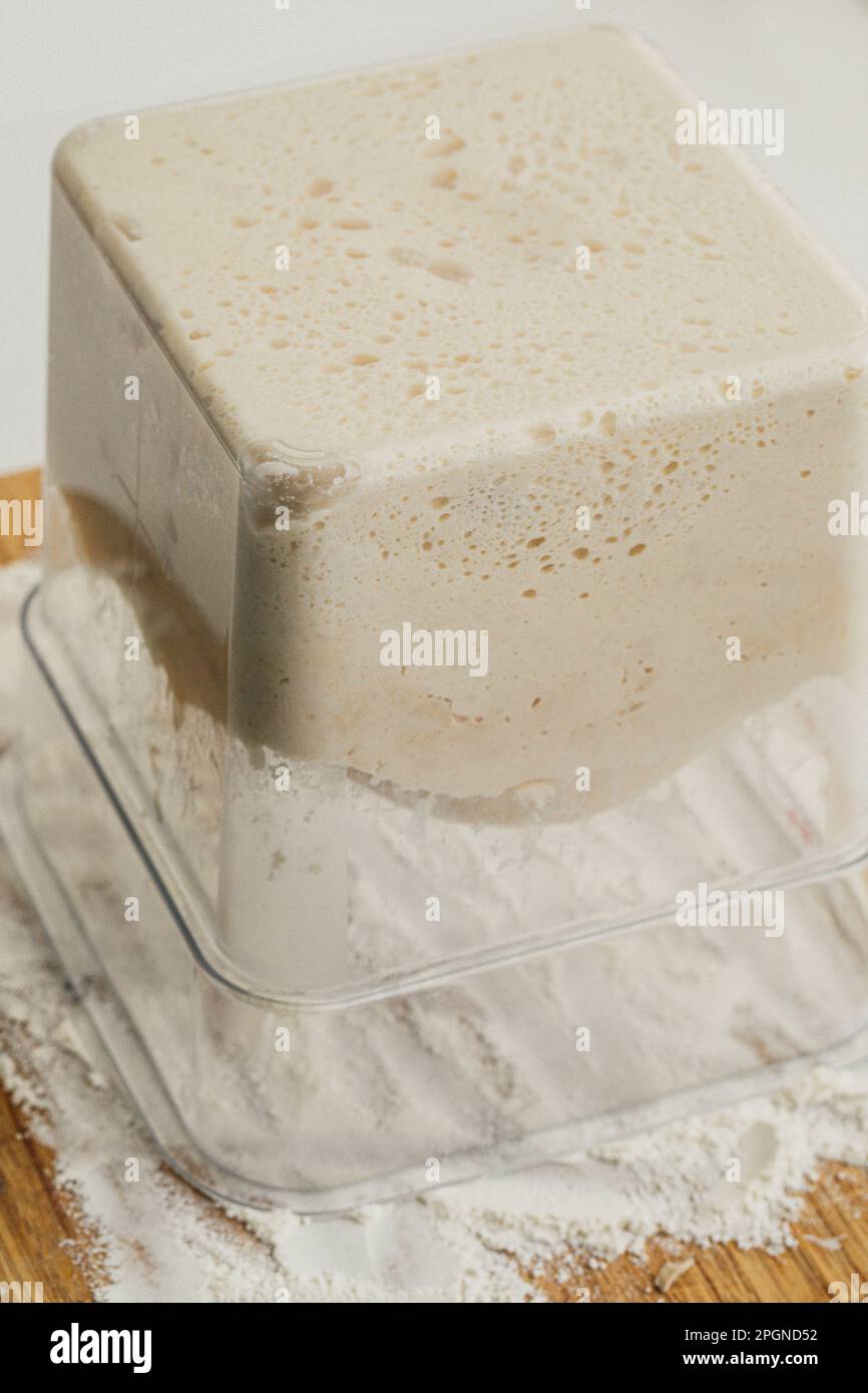 making sourdough bread, turning out dough from square plastic onto