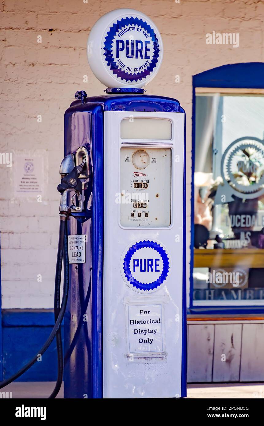 An antique gas pump stands in front of the Lucedale Chamber of Commerce, March 20, 2023, in Lucedale, Mississippi. Stock Photo