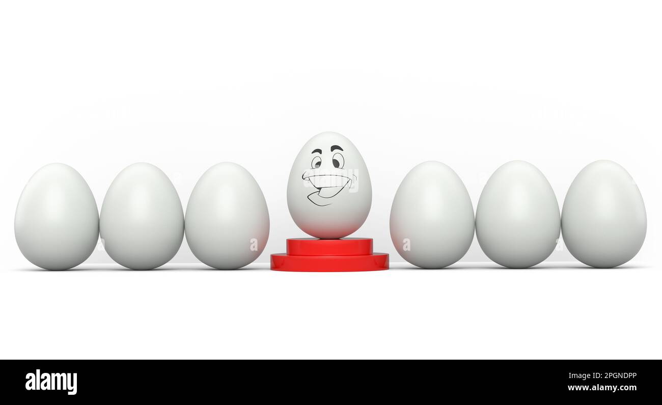 Farm white chicken egg with expressions and funny face on podium and ...