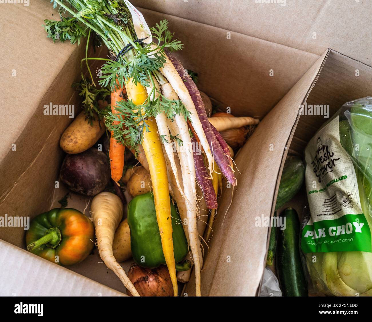 A wonky box of vegitables supplied by wonky veg Auckland New Zealand Stock Photo