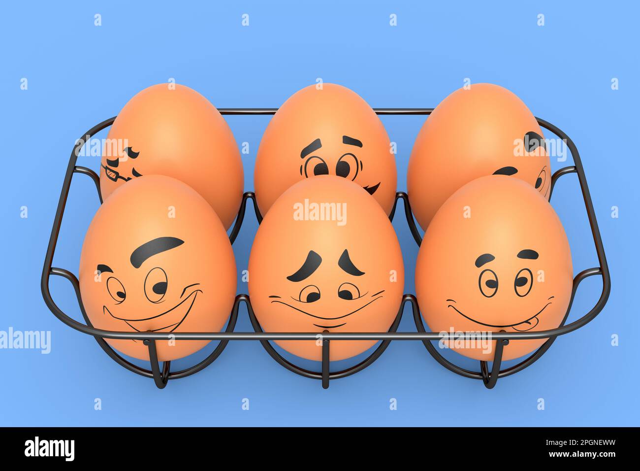 Farm brown painted egg with expressions and funny face in metal wire tray on blue background. 3d render of Easter eggs template design for greeting an Stock Photo