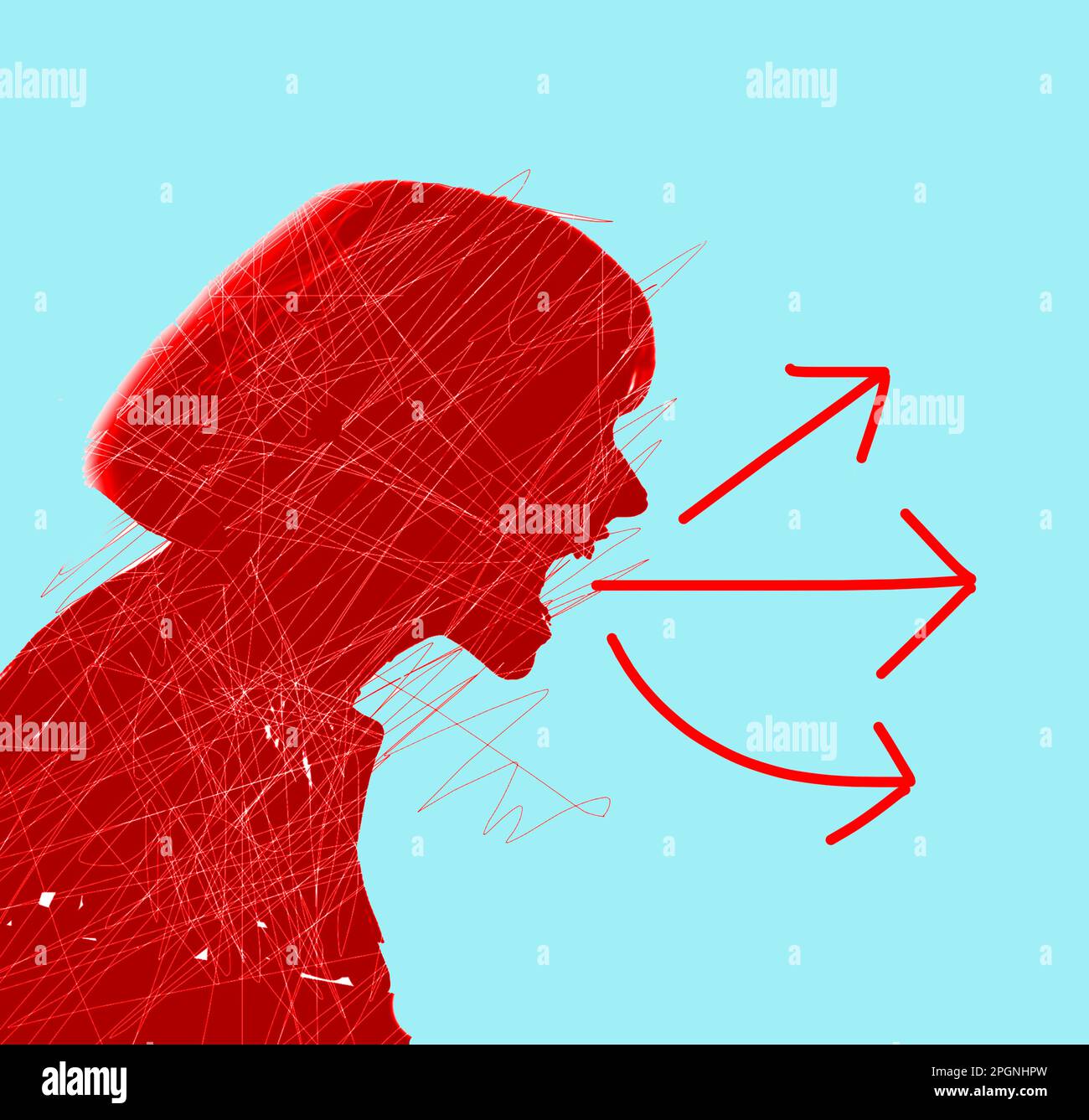 Illustration of red arrows coming out of mouth of screaming woman Stock Photo