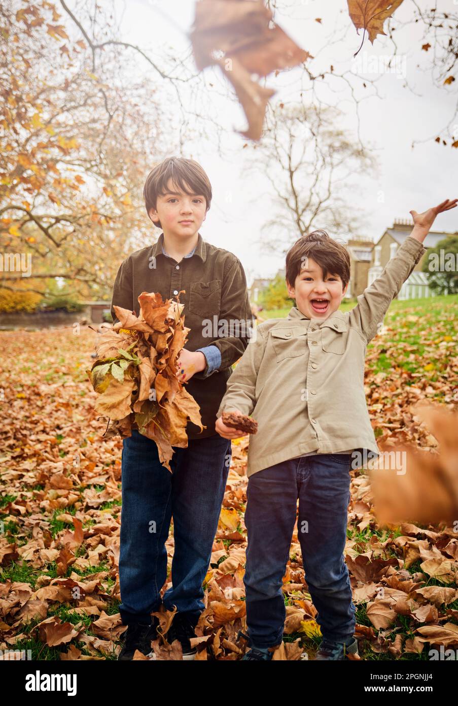 Cheerful boys throwing away autumn leaves at park Stock Photo Alamy