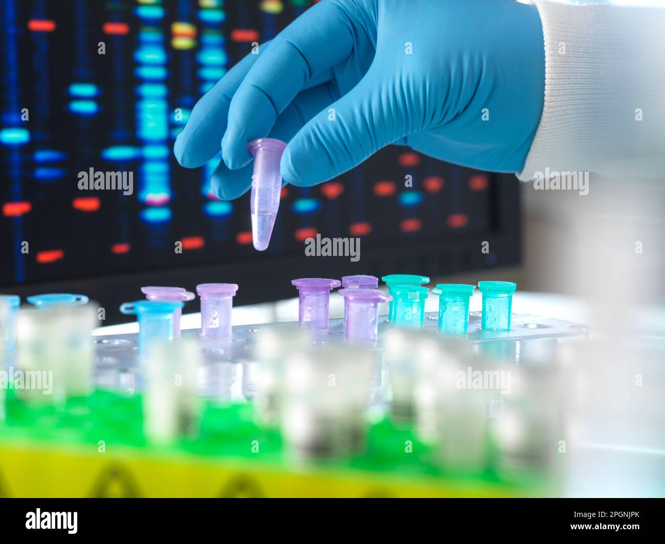 Hand of scientist holding DNA sample test tube in laboratory Stock