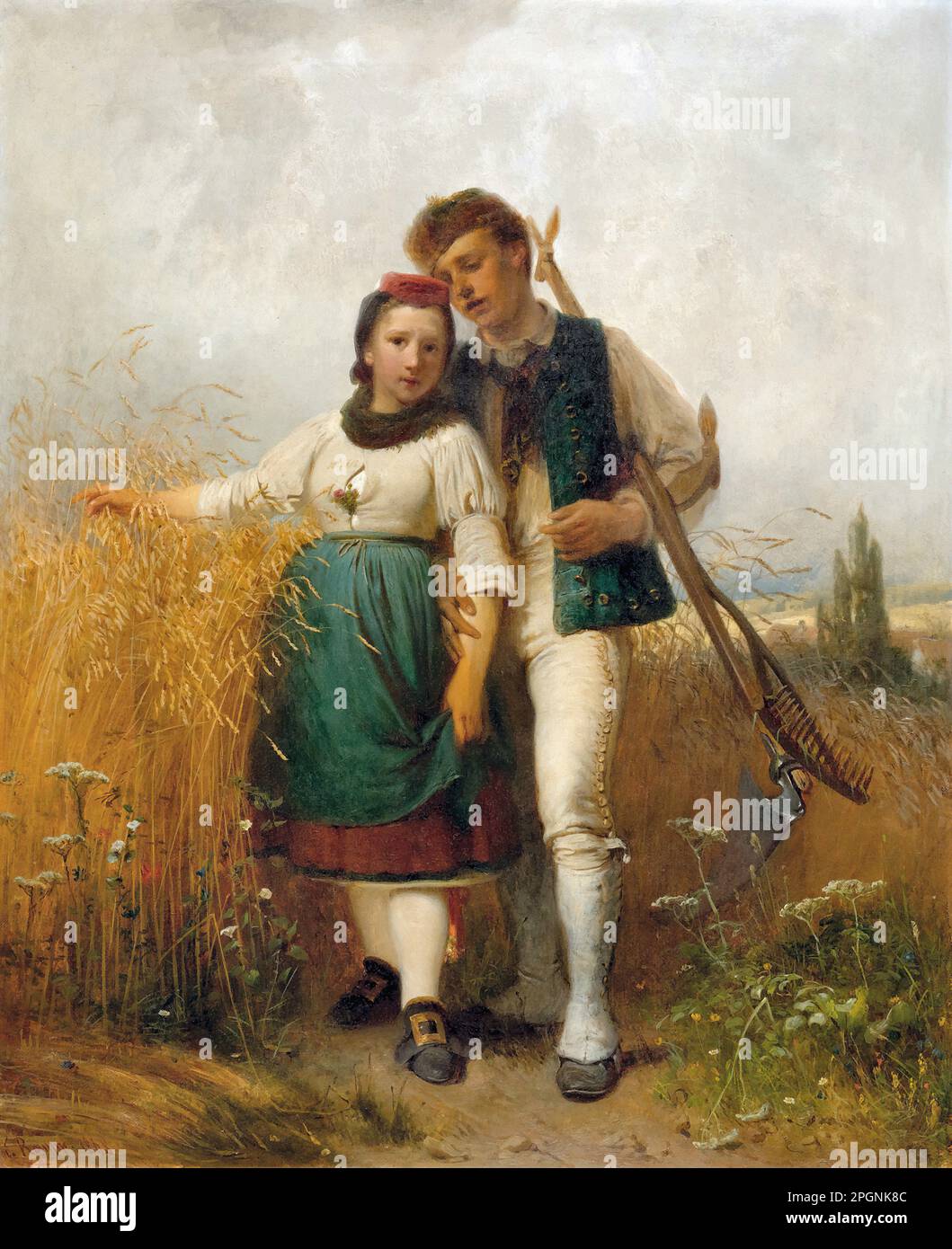 Raupp Karl - Young Peasant Couple On The Field Edge - German School - 19th Century - Raupp Karl - Junges Bauernpaar Am Feldrand - German School - 19th  Century Stock Photo