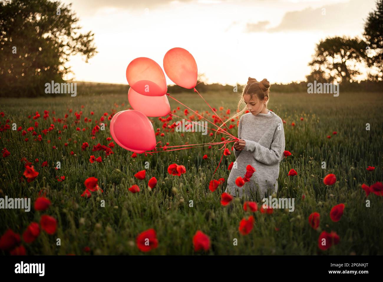 Girl with red balloons standing in poppy field Stock Photo - Alamy